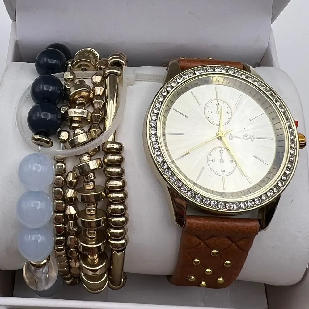Jessica Carlyle Gold-Tone Brown Studded Strap Analog Watch & Bracelets New